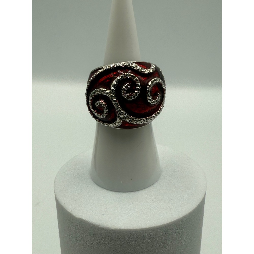 Red Enamel Silver Tone Swirl Statement Cocktail Dome Ring Size 7.5
